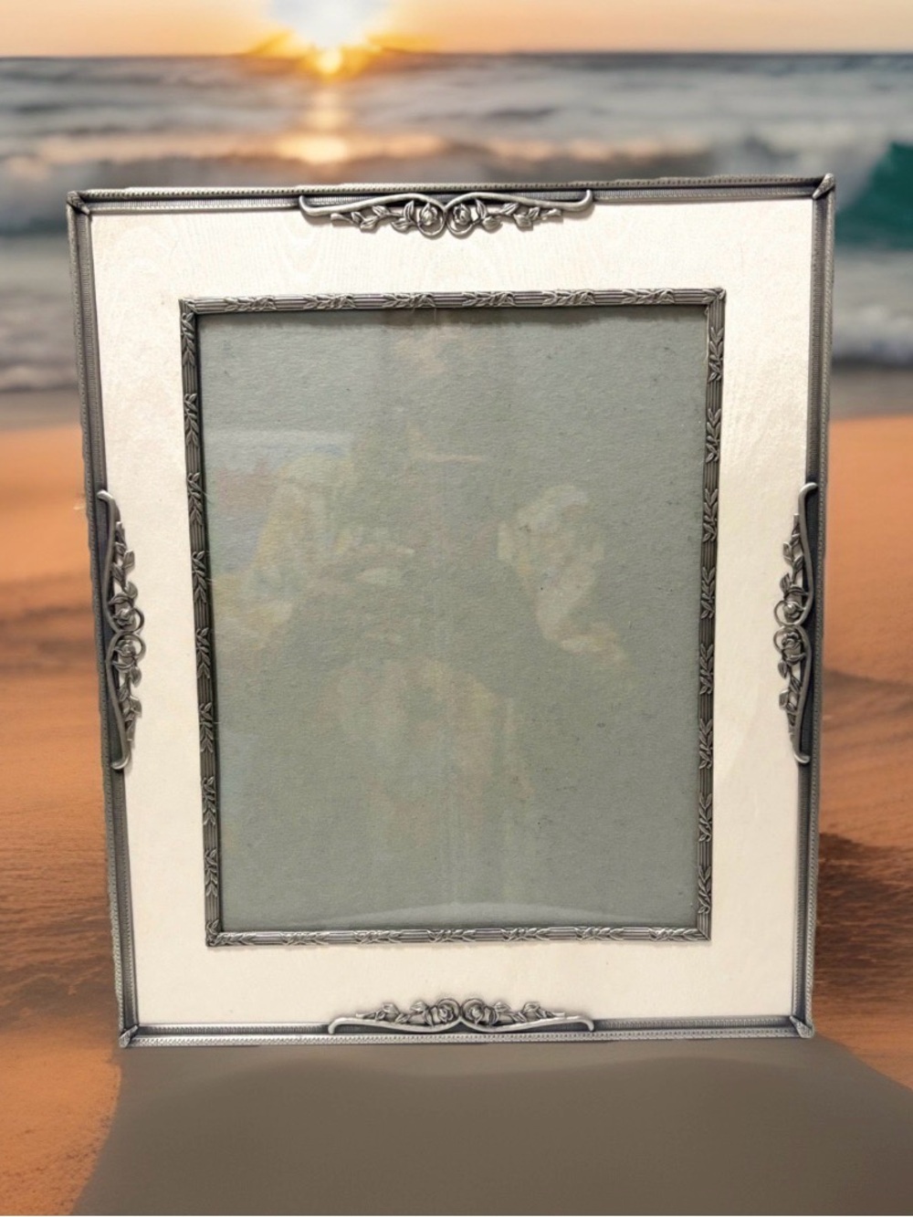 Rare Vtg 1997 HB Group Silver Floral Cream Fabric Inlay Picture Frame Fits 8x10